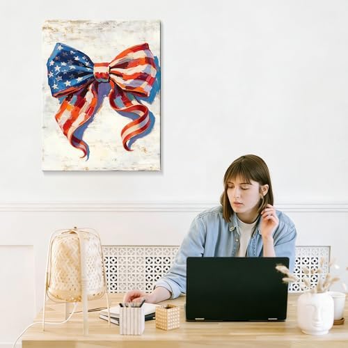 July 4th Patriotic Canvas Wall Art 4th of July USA Decorations American Flag Bow Painting Picture Independence Day Home Decor 20x24in - Image 7