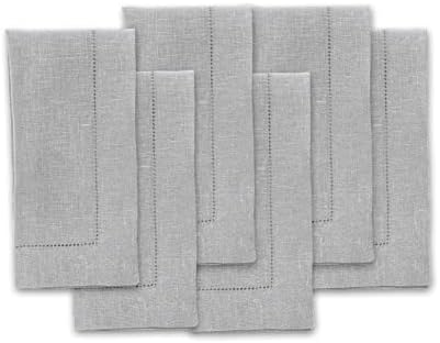 Solino Home 100% Pure Linen Napkins Grey Hemstitch, 20 x 20 in, Set of 6 by SolinoHome