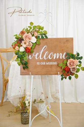 Wedding Decor (Pack of 2) Welcome Sign Flower Backdrop Garland for Ceremony Reception Wall Easel Home Decoration Entryway Faux Outdoor Board Head Table Decor (Orange & Terracotta) - Image 4