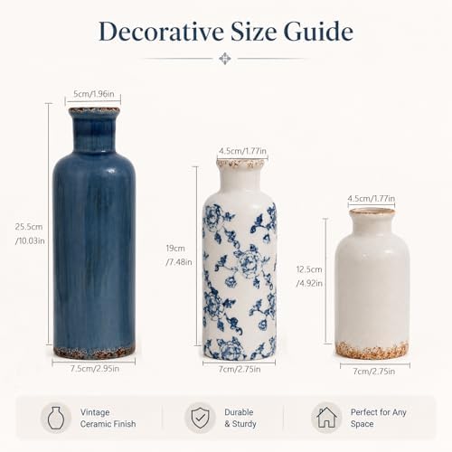 Blue Vintage Vase Set of 3, Flower Decorative Vase Ceramic Vase Set - Image 2