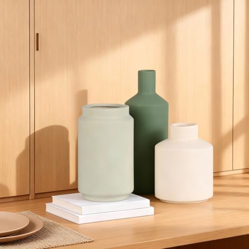 Neutral Ceramic Vase Set of 3 – Modern Decorative Vases, Small Flower Pottery Vase Sets, Boho Farmhouse Rustic Vases for Living Room, Kitchen, Bedroom, Bathroom, Shelf, Table - Image 7