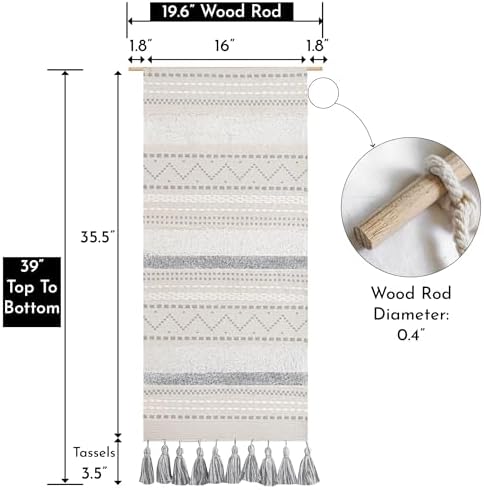 BlissBlush Long Vertical Wall Hanging Tapestry Woven Boho Farmhouse Decor Gray Cream Tassel Handmade Wall Art Decoration for Bedroom Living Room Dorm Nursery Apartment, 16x39 INCH - Image 3