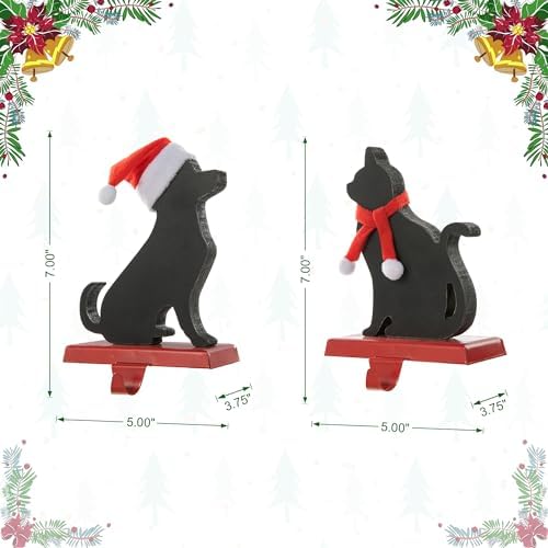 Glitzhome Cat and Dog Christmas Stocking Holders, Set of 2 Wooden/Metal Fireplace Mantel Holiday Decor Pet-Themed Sock Hangers with Scarf & Hat Design - Image 5