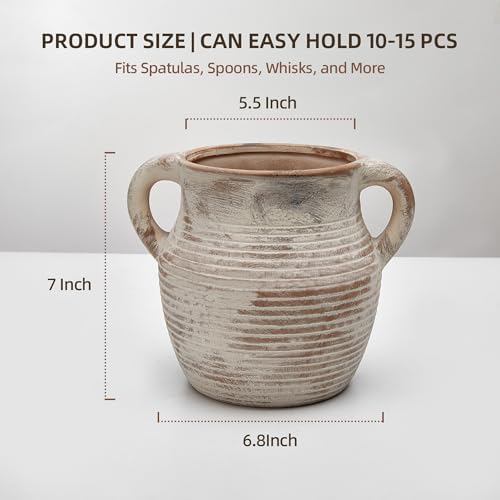 Rustic Utensil Holder for Kitchen Counter - Ceramic Farmhouse Cooking Utensil Crock & Organizer for Spatula, Spoon - Vintage Kitchen Decor (Taupe) - Image 2