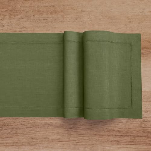 Solino Home 100% Pure Linen Dining Table Runner Olive Hemstitch, 14 x 48 in - Image 4