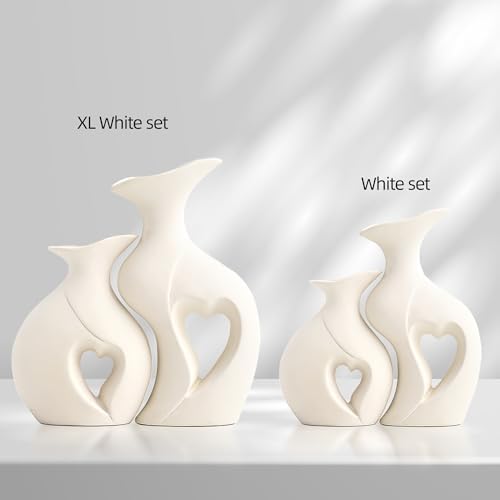 XL White Flower Vases, Nordic Heart Shaped Ceramic Set of 2 - Image 6