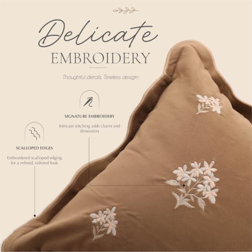 BlissBlush Long Lumbar Pillow Cover 14x36 for Bed, Brown Velvet Decorative Lumbar Pillow Cover, Floral Accent Cushion Cover with Embroidery and Scalloped Edge for Couch Sofa Bed, Cover ONLY - Image 2
