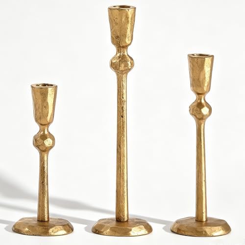 Gold Taper Candle Holders Set of 3, Heavy Candlestick Holders Decorative Candle Stand for Table Centerpiece, Cast Iron Candle Stick Holder Decor by Wenbery