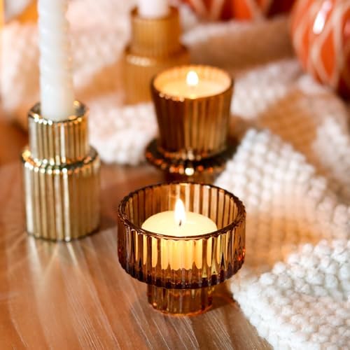 Gold Candlestick Holders 12PCS Ribbed Glass Taper Candle Holders Set for Tealight Candlestick Candles, Table Centerpieces for Thanksgiving Christmas Farmhouse Decor Indoor and Outdoor - Image 4