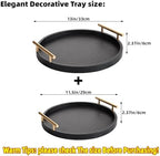 Decorative Serving Trays, Set of 2 Wood Modern Crocodile Leather Round Tray with Polished Metal Handles, Decorative Trays Coffee Table Tray Ottoman Platter for Home Decor (Black) - Image 2