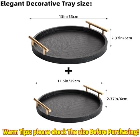 Decorative Serving Trays, Set of 2 Wood Modern Crocodile Leather Round Tray with Polished Metal Handles, Decorative Trays Coffee Table Tray Ottoman Platter for Home Decor (Black) - Image 2