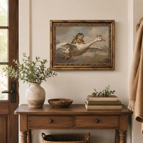 Gold Framed Frog Riding Goose Wall Art, Whimsical Canvas Print, 16x12 - Image 3