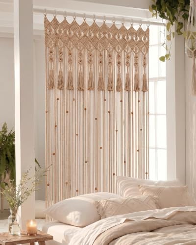BECHAEO Boho Macrame Beaded Curtain with Tassels, Brown 2 Panels 39" x 79" - Image 3