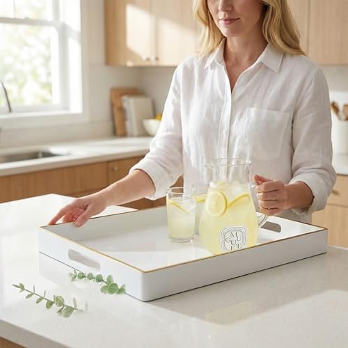 Large White Rectangular Decorative Tray – Plastic Serving Tray with Handles for Coffee Table, Ottoman, Living Room, 15.7” x 11.8” x 1.6 - Image 4
