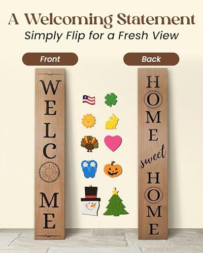DECOLURE Welcome Sign for Front Porch - Tall Solid Wood Porch Door Sign with 10 Magnetic Seasonal & Holiday Pieces, Rustic Farmhouse Outdoor Decor for Year Round Welcoming Entryway (Porch Brown) - Image 2