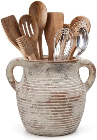 Rustic Utensil Holder for Kitchen Counter - Ceramic Farmhouse Cooking Utensil Crock & Organizer for Spatula, Spoon - Vintage Kitchen Decor (Taupe) by CWFutwell