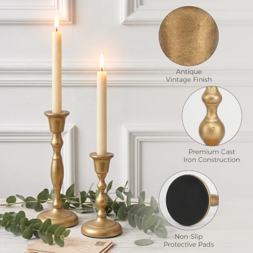 Gold Taper Candle Holders Set of 2 Cast Iron Vintage Christmas Candlestick - Image 3