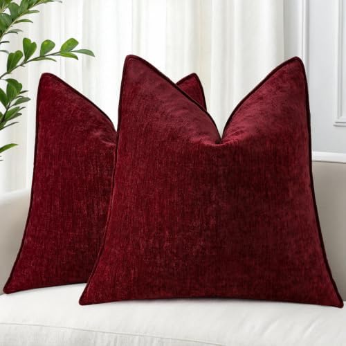 decorUhome Chenille Wine Red Velvet Throw Pillow Covers 24x24 Set of 2 by decorUhome