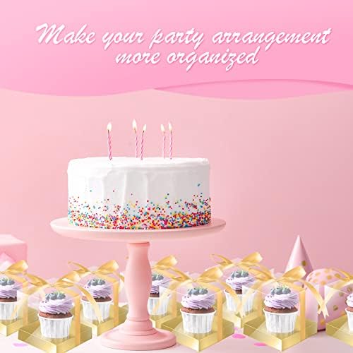 Gerrii 100 Pcs Clear Plastic Individual Cupcake Boxes 3.5" Single Cupcake Containers Transparent Ornament Gift Box with Inserts and Ribbon for Wedding Baby Shower Party Favor(Gold) - Image 5