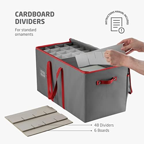 ZOBER Large Christmas Ornament Storage Box - Stores 128 3" Ornaments, With Dividers - Ornament Organizer Storage Box, Durable Christmas Containers Holder - Extra Pockets, Dual Zipper - Gray - Image 3
