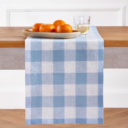Solino Home 100% Pure Linen Table Runner, 14 x 120 in, Blue and White Check by SolinoHome