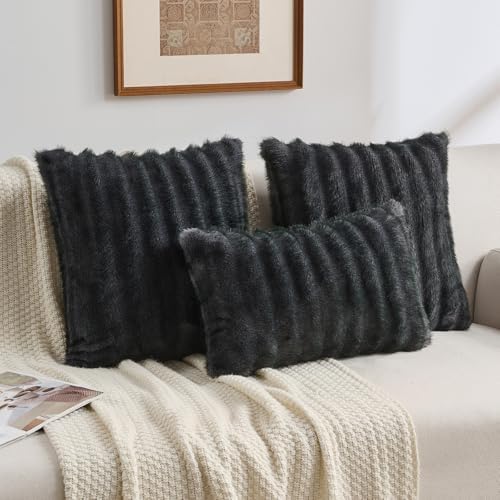 FUTEI Pack of 2 Faux Mink Fur Throw Pillow Covers 24x24 Inch, Dark Grey - Image 5
