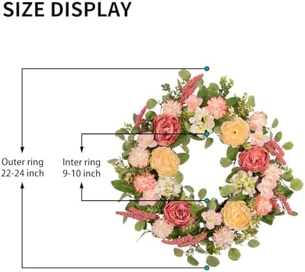 22 Inch Spring Summer Wreath for Front Door, Realistic Silk Peony & Hydrangea Wreath with Yellow Pink Flowers Grain Stems, Artificial Floral Wreath for Indoor Outdoor Porch Wall Farmhouse Decor - Image 2