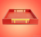 Modern Elegant 17.5"x12" Rectangle Red Shagreen Faux Leather Decorative Tray Ottoman Coffee Table Perfume Living Room Kitchen Serving Tray with Gold Polished Metal Handles by Home Redefined - Image 4