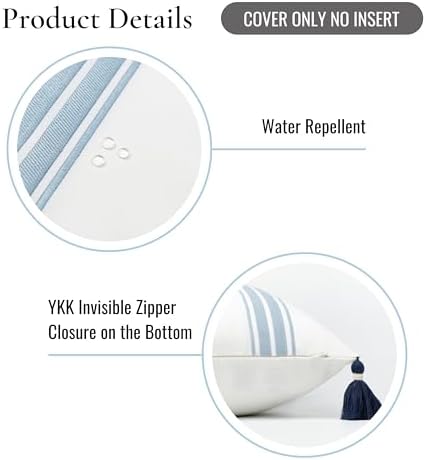 Hofdeco Premium Coastal Patio Indoor Outdoor Throw Pillow Cover Only, 20"x20" Water Repellent for Backyard, Couch, Baby Blue Embroidered Stripes with Tassels - Image 5