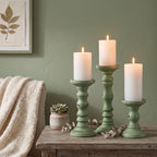 Set of 3 Wood Pillar Candle Holder Farmhouse Decor, Sage Green | Rustic Wood Candlestick Holder, 12", 9", 6"H, Large Pillar Candle Stand for Fireplace Mantel Thanksgiving Table Centerpieces - Image 4