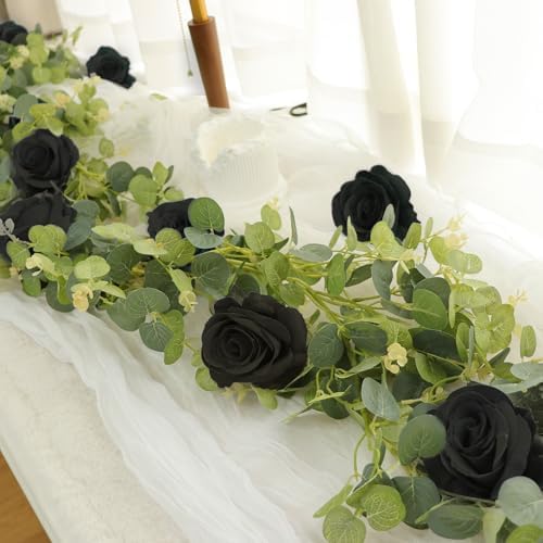1 Pack Artificial Garland Eucalyptus Vine with 12 Roses for Home Decor Wedding Table Runner Centerpiece DIY Wreath Decor (Black) - Image 3