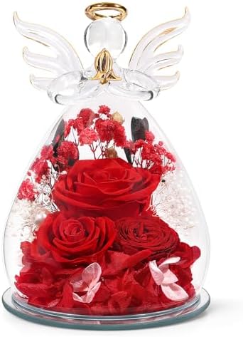 Gifts for Mom Mothers Day Birthday Gifts for Women Preserved Rose Forever Flower in Glass Angel Figurines Fresh Flowers for Delivery Anniversary Real Colorful Roses for Grandma Her Wife from Daughter by FIACO