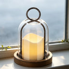 7.5" High Versatile Rustic Metal Candle Holder with Handmade Sturdy Glass Dome and Brown Wooden Base for Pillar Candle & Plants, Industrial, Farmhouse, Shabby Chic, Display Cloche Bell Jars - Image 3