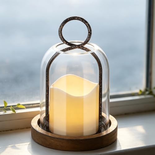 7.5" High Versatile Rustic Metal Candle Holder with Handmade Sturdy Glass Dome and Brown Wooden Base for Pillar Candle & Plants, Industrial, Farmhouse, Shabby Chic, Display Cloche Bell Jars - Image 3
