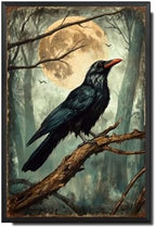 Vintage Metal Tin Sign Halloween Raven Full Moon Forest Dark Gothic Wall Art for Home Office 12×16 Inches with Metal Frame by Unknown