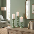 Set of 3 Wood Pillar Candle Holder Farmhouse Decor, Sage Green | Rustic Wood Candlestick Holder, 12", 9", 6"H, Large Pillar Candle Stand for Fireplace Mantel Thanksgiving Table Centerpieces - Image 5