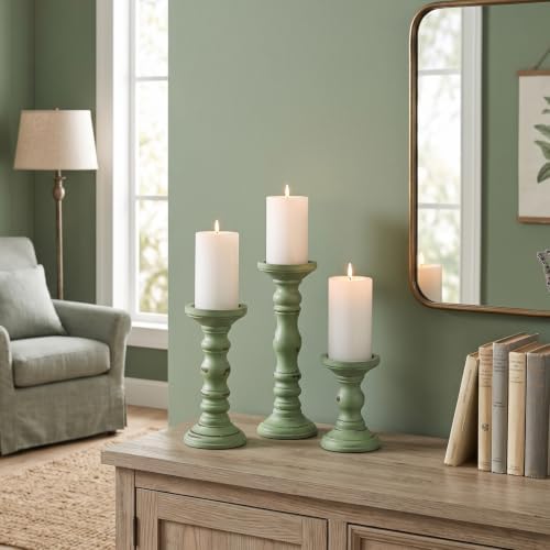 Set of 3 Wood Pillar Candle Holder Farmhouse Decor, Sage Green | Rustic Wood Candlestick Holder, 12", 9", 6"H, Large Pillar Candle Stand for Fireplace Mantel Thanksgiving Table Centerpieces - Image 5