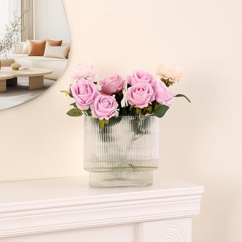 Ribbed Vase, Fluted Glass Vase for Flowers, Clear Flower Vases for Tulips, Modern Vases for Living Room, Dining Table, Office, Bedroom, Mantle, Shelf, Wedding, 7 Inch - Image 5