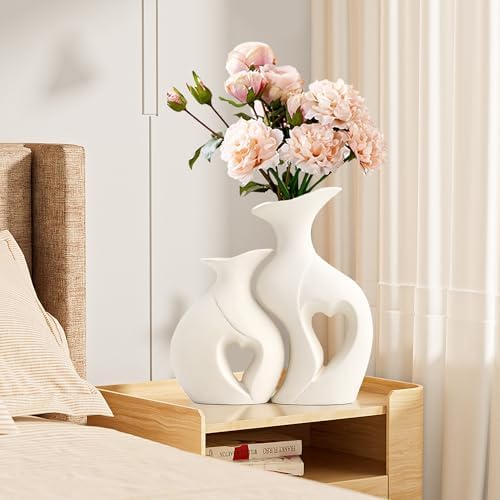 XL White Flower Vases, Nordic Heart Shaped Ceramic Set of 2 - Image 3