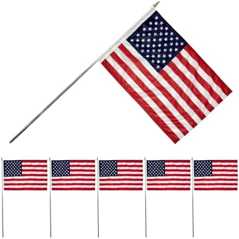 Bradford Small American Flags on Stick 6 Pcs 12x18 inch for Yard Lawn Decorations, Heavy Duty Mini Hand Held Handheld US USA Flags with Retractable Pole Stakes for Garden Planter Outside by Bradford