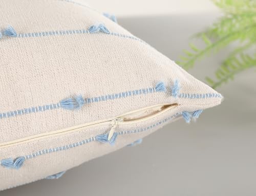 NUYECY Set of 2 Boho Throw Pillow Covers 30x30,Light Blue and White Neutral Couch Pillow Case with Tassel Fringe Decorative,Modern Accent Farmhouse Cushion Covers for Sofa Couch Bed Living Room - Image 4