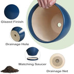 10 Inch Plant Pot - Ceramic Planter with Drainage Hole and Saucer, Modern Flower Pot, Round Planters for Indoor Plants, Home Patio Bathroom Porch Garden Living Room Decor, Blue - Image 6