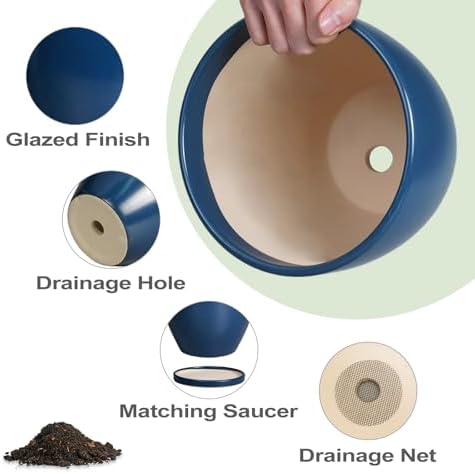 Ceramic Plant Pot - 8 Inch Planter for Indoor Outdoor Plants, Round Flower Pots with Drainage and Tray, Home Office Decor, Blue - Image 6