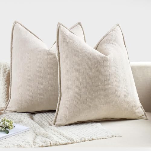 MIULEE Pack of 2 Cream Beige Euro Shams Chenille Pillow Covers 26x26 Inch - Image 6