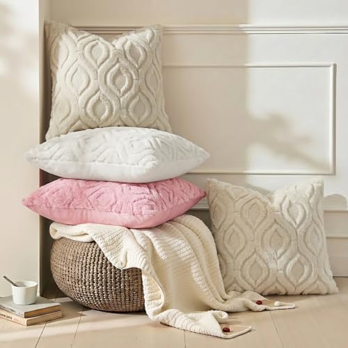 decorUhome Faux Fur Plush Soft Beige Throw Pillow Covers 20x20 Set of 2 - Image 4