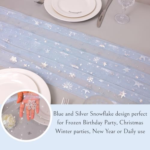 Snowkingdom 6PCS Light Blue Silver Snowflake Table Runner 10FT - Image 3