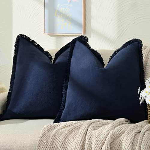 ZWJD Pillow Covers 24x24 Set of 2 Navy Throw Pillow Covers with Fringe Chic Cotton Decorative Pillows Square Cushion Covers for Sofa Couch Bed Living Room Farmhouse Boho Decor by ZWJD