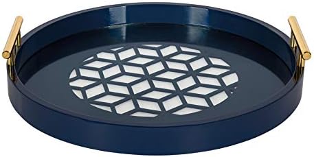 Kate and Laurel Caspen Round Cut Out Pattern Decorative Tray with Gold Metal Handles, 15.5", Navy and Gold - Image 2