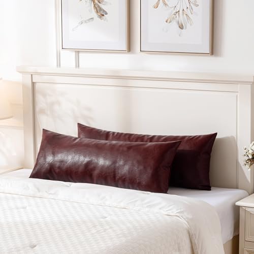 Fancy Homi Burgundy Boho Long Lumbar Faux Leather Body Decorative Throw Pillow Cover 14x36 Inch for Bed Couch Sofa Bench, Thick Stylish Solid Wine Red Pillowcase, Rustic Modern Farmhouse Room Decor - Image 4