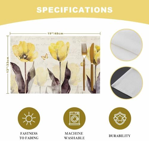 Yellow Tulip Placemats Set of 4, Rustic Floral Brown Leaves Butterfly Vintage Beige Placemats for Dining Table Place Mats for Kitchen Table Waterproof Table Mats, Wipeable Dining Table Set - Image 6